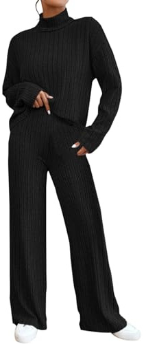Generisch Hausanzug Damen Strick-Sets Lässiger Einfarbig Rollkragenpullover Und Strickhosen Mit Weitem Bein Herbst Winter Langarm Loungewear Outfit Freizeitanzug Casual Jogginganzug