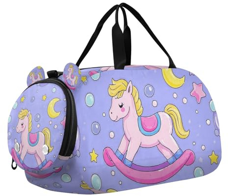 Borsone sportivo leggero con scomparto per scarpe, motivo cavallo a dondolo, stella, viola, pesca, per spiaggia, piscina, sport