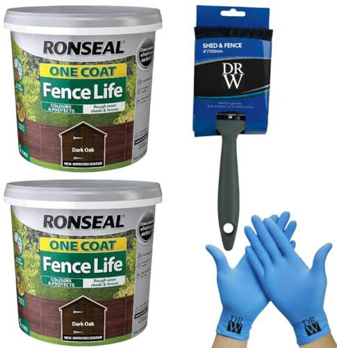 DRW 2 x One Coat Shed & Fence Protector 5L Dark Oak + Free 4 Fence Paint Brush & Nitrile Gloves | 10L Total | Long-Lasting Weatherproof Wood Protection for Sheds, Fences & Outdoor Timber