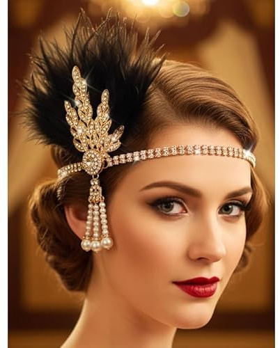 Zimocepuz Showgirl Headpiece, Black Feather Headpiece with Pearls & Rhinestones, Elegant Flapper Headpiece Gold 1920s Style for Ladies