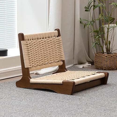 Japansk benlös stol med kudde, rottinghalmvävt ryggstöd, moderna vardagsrumsmöbler för burspråk, brun finish, bekväma och eleganta sittplatser