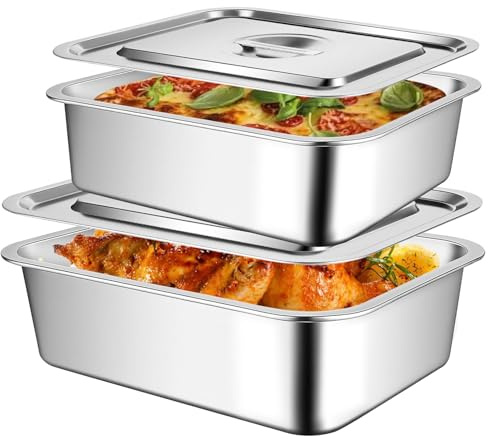 2 Pack 4 Inch Extra Deep Lasagna Baking Pan with Lid, 11x14.2 7.4qt & 8.6x12.5 4qt Rectangular Stainless Steel Nonstick Large Roasting Pans Deep Baking Dish Set for Oven