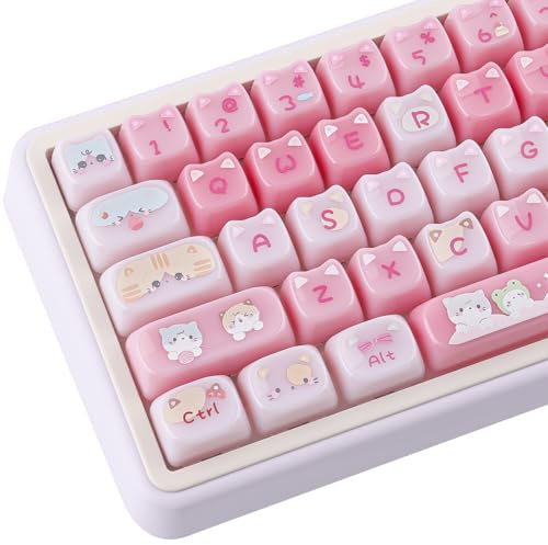 TYRIXKI Ceramic Jade Cat Keycaps, 142 Keys Translucent Pink Meow Meow Cute Keycaps Mao Profile Custom Keycap with Keycap Storage Box for Cherry Gateron MX Swithes Mechanical Keyboards