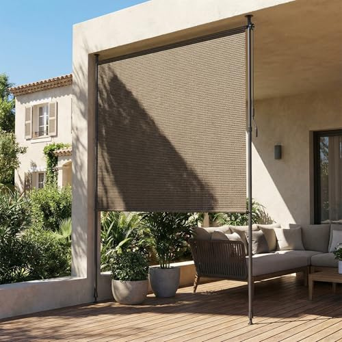 LIFERUN HDPE Klemmmarkise Senkrechtmarkise Außen 150×310cm,Balkon Sichtschutz ohne Bohren, ausziehbare Seitenmarkise, Sonnenschutz Windschutz Wasserfest, für Balkon Garten Terrasse,Braun,2 PCS Stangen