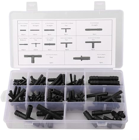 Assortiment de 113 raccords de tuyau automobile avec réducteur, raccords droits et raccords en T pour conduites de refroidissement, carburant et fluide, construction en plastique avec étui de