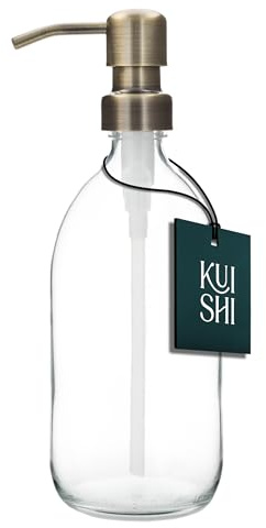 Dispensador de Botella de Vidrio Transparente Kuishi [500 ml, Bomba Dorada] Botella dispensadora de jabón de Vidrio ámbar Recargable con Bomba de Acero Inoxidable, ecológica (sin BPA)