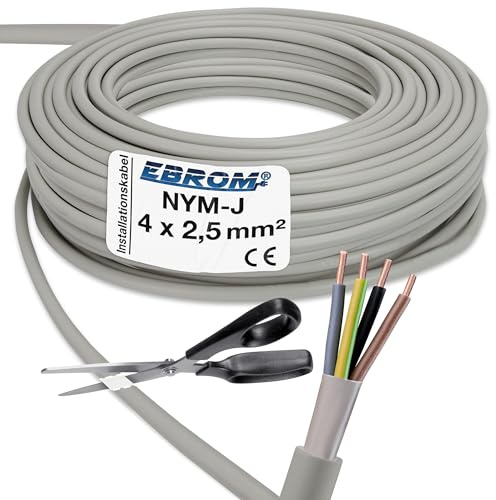 EBROM NYM-J 4 x 2,5 mm² - Câble gainé - Câble d'installation - Câble pour pièces humides - Gris - Sélection par incréments de 1 mètre - Vendu au mètre exact - Votre sélection : NYM-J 4 x 2,5 mm² 50
