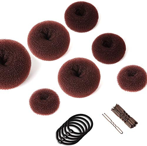 Donut Hair Bun Maker Set 7 Stück - Frisurenhilfe Set mit 5 elastischen Haarband, 20 U-Form Haarspange Haarnadel, Haarknoten Former Set für Kinder Mädchen Frauen (Braun)
