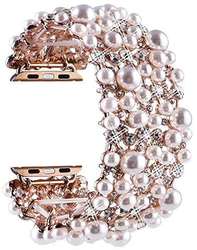 VIQIV Bling Bands Compatible with Apple Watch Band 38mm 40mm 41mm 42mm 44mm 45mm 49mm Iwatch Series SE 9 8 7 6 5 4 3 2 Ultra, Diamond Rhinestone Metal Pearl Dressy Bracelet Wristband Strap for Women