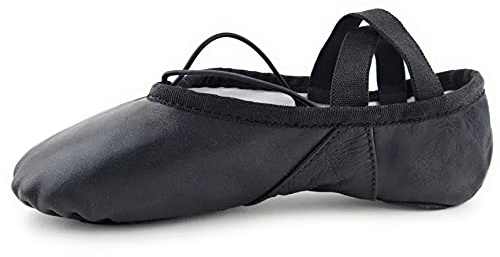 Black Ballet Shoes Girls Leather Ballet Flats Ballerina Dance Shoes Gymnastic Yoga Dancing Slippers Split Sole Ballet Pumps Kids (2 UK Girls)