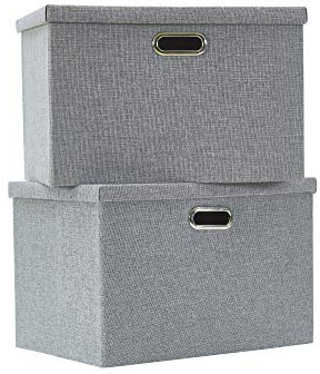 AlphaHome Large Storage Boxes with Lids [2 Pack], Foldable Linen Fabric Storage Baskets for Organising Clothes and Toys(Glaucous Grey, 39x27x25cm)