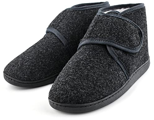 TIESTRA Warm Hausschuhe Herren Winter Kunststoffe Lammfell Diabetiker Hausschuhe Breiter Fuß Filzpantoffeln Mit Memory Foam Sohle, Filz Herrenhausschuhe Mit Klettverschluss Flach,Größe 42
