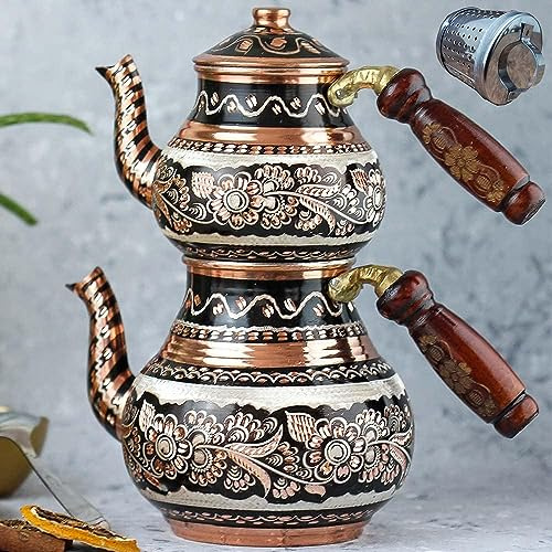 Copper Turkish Teapot Tea Kettle Pots Set for Stove Top Stovetop Decorative Infuser Vintage Antique Arabic Farmhouse Tray Cups Serving Party Moroccan Decor Style Persian Kitchen Fancy (Antique)