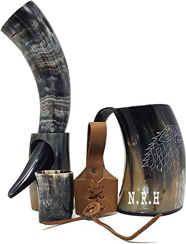 Nautical Replica Hub Drinking Horn with Leather Holder for Beer Wine Viking Drinking Horn Tankard for Beer Wine Mug