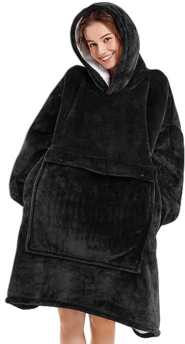 Narecte Blanket Hoodie Women & Men,Premium Sherpa Fleece Oversized Hoodie Blanket with Giant Pocket for Women,Super Cozy and Big Wearable Blanket Hoodie Sweatshirt Gift Black