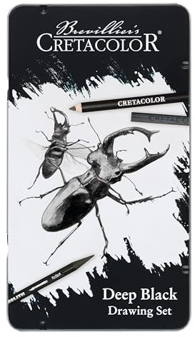 CRETACOLOR Deep Black, Drawing Set, Tiefschwarzes Zeichen- und Skizzierset, 10-teilig, nicht giftig, hochpigmentiert, inkl. Radiergummi und Papierwischer, geeignet für Künstler und Anfänger