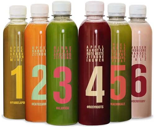 Kale&Me Saftkur Klassik 7 Tage – 42 nummerierte Flaschen mit je 320 ml – 6 verschiedene kaltgepresste Säfte – vegan, ohne Zusatz- & Konservierungsstoffe – 689 kcal pro Tag – mit Kurguide