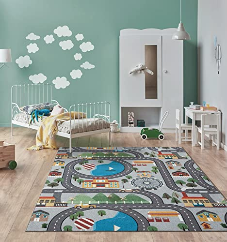the carpet Happy Life – Kinderteppich Spielteppich Straßen- und Stadtmotiv mit Auto, rutschfest & pflegeleicht, ideal fürs Kinderzimmer, Grau, 120 x 160 cm