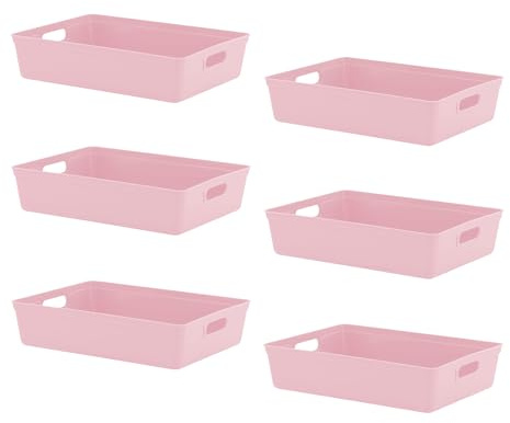 simpa 6L 6 Litre Plastic Storage Basket Studio Organiser Trays with Handles - Pastel Pink, Set of 6 Trays - 8cm (H) x 35cm (L) x 26cm (W)