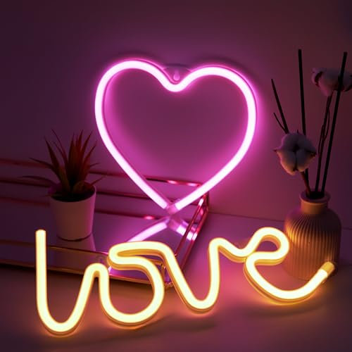 NELUX Pack de 2 Corazón y Amor (Love) - Luces Neón LED para Pared de Habitación, Luz Neón Regalar Pareja Novia San Valentín Decoración, Figura LED Forma, Cartel Luminoso. Conexión USB o Pilas