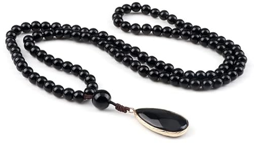 OIDIO Collana di Ossidiana Nera per Uomo onice Nero Naturale 108 Collana Lunga con Pendente di Perle di Mala Gioielli da Preghiera Buddista da Donna