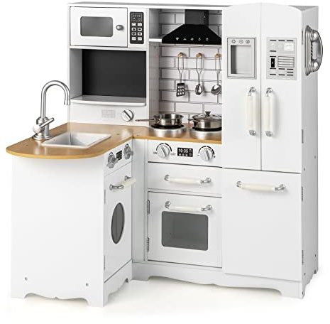 HONEY JOY Corner Kids Kitchen Playset, Little Chef Wooden Play Kitchen for Toddlers, Microwave, Refrigerator, Water Dispenser, Range Hood, Cookware, Pretend Play Toy Kitchen Set for Boys Girls