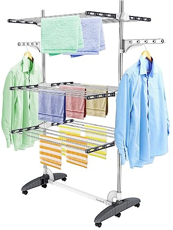 Todeco Séchoir à Linge Pliant à 3 Niveaux, Etendoir à Linge intérieur en Acier Inoxydable, Sèche-Linge Etendoir Pliable avec Ailes réglables en Hauteur pour Terrasse Jardin, Gris