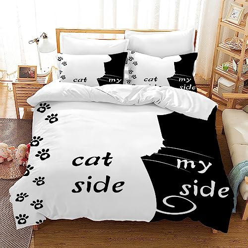 UGZDEA Katze und Meine Seite drucken Bettwäsche Set 135x200cm, Bettwäsche 3 Stück Set Schwarz Weiß Weiches Mikrofaser Steppbrett Set für Erwachsene Schlafzimmer Dekoration (B, Single（135x200cm）)