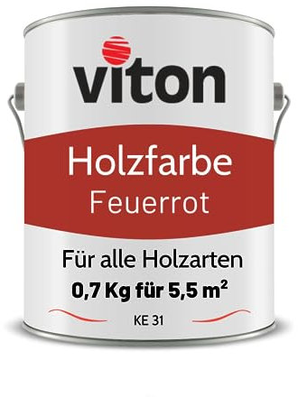 Viton Holzfarbe in Rot - 0,7 Kg Holzlack Seidenmatt - Wetterschutzfarbe für Außen - 3in1 Grundierung & Deckfarbe - Profi-Holzschutzlack - KE31 - RAL 3000 Feuerrot