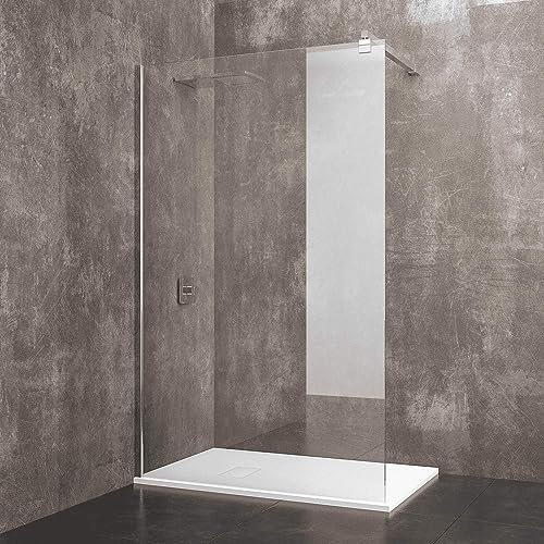 Parete Doccia Fissa Walk In Cabina Box Bagno Con Barra Stabilizzatrice Anta In Cristallo Temperato Trasparente da 8 mm Reversibile Profilo A Muro In Alluminio Anodizzato Praia (130 x 195 Cm)
