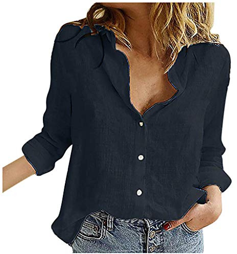 Chic blus damer elegant långärmad – linneblus festlig linneskjorta oversize v-ringad tunika slim fit skjorta linne tröja kvinnor topp stora storlekar t-shirts vår sommar toppar, svart, L