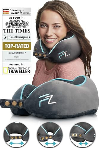 FLOWZOOM Comfy Memory Foam Travel Pillow for Airplane & Car – Adjustable Neck Cushion with 360° Support, Soft, Washable Plush Cover and Compact Mesh Bag - Grey
