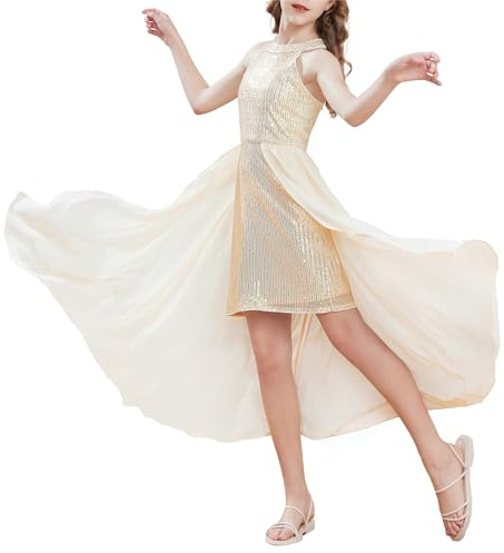 GRACE KARIN Girls Elegant A-Linien Prinzessinenkleid Glitzer Blumenmädchenkleid mit Chiffon Fshion Party Club Neckholder Kleid Gold 8-10 Jahre