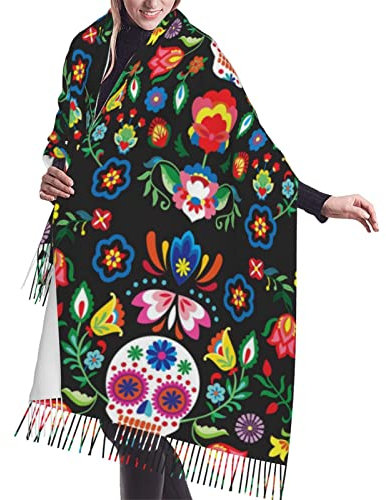 NLWQEKV Sugar Horror Totenkopf und Blumen, gemütlicher langer Schal, modischer Schal für Damen, langer Schal, weicher warmer Schal für den Winter