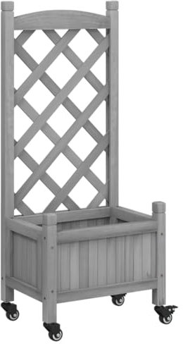 vidaXL Wooden Planter with Trellis and Wheels - Grey Solid Fir Wood for Patios/Gardens