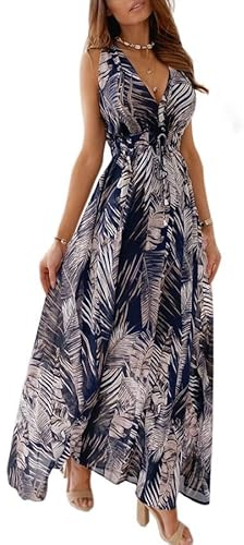Joligiao Summer Dresses for Women UK Sleeveless Floral Print Sundress V Neck Long Summer Maxi Dress Casual Loose Beach Dress Wrap Adjustable Swing Tank Beach Dress Blue L