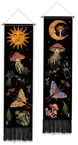 PLIGREAT 2er-Pack Mysteriöser Kunstpilz-Wandteppich Vertikaler Boho-Sonne-Mond-Wandbehang mit Quasten Ästhetischer Wandteppich für Schlafzimmer Wohnzimmer Langer schmaler Wandbehang Home Art Decor