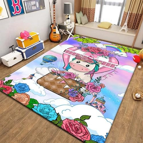 Kinderteppich Einhorn-Tier-Pferd-Cartoon - Kurzflor Teppich Kinderzimmer Spielteppich Antiallergen Und Extra Weich - Babyzimmer Teppiche Für Junge Und Mädchen Babyteppich 120 X 180 cm -7M7W6I0J2I1