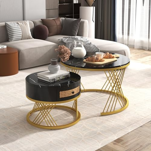 BTM 2 in 1 Runder Couchtisch aus MDF, Beistelltisch mit Tischplatte aus Marmor und Schubladen aus Kunststoff-Rattan, Griffe aus Massivholz. goldene Eisenfüße. 70 * 70 * 45,5+50 * 50 * 38,5cm