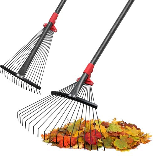 Rake for Leaves, Adjustable Garden Leaf Rakes for Lawns Heavy Duty, Metal Rake with 18 Clog-Free Tines, 9”-17” Collapsible Head, 6 ft Long Handle, Yard Tools for Gardening Camping Fast Cleanup