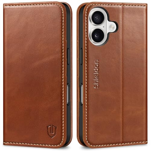 SHIELDON Echtleder Hülle für iPhone 16 6,1 5G 2024, Retro Braun | RFID Blocker, Kartenfach, Standfunktion, Magnetverschluss, Stoßfest, Case Lederhülle, TPU Schutzhülle, Handyhülle