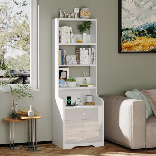 Rcynview Table de Chevet Blanche avec Prise de Courant, Table de Nuit en Bois d'appoint, Tables Chevet de Lit Canapé, 3 Tiroirs de Rangement, Commode Moderne, pour Salon Chambre, 40x50x176 cm