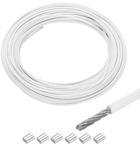 QUARKZMAN Drahtseil Edelstahl 20M x 2 mm Stahlseil PVC ummantelt mit 6 Aluminiumhülsen Sicherungsdraht Aufhänger für Bilder Vorhang Geländer Outdoor Gartenmöbel Sonnensegel, Weiß
