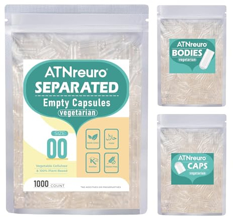 ATNreuro Capsules Vides Végétales Séparées Taille 00 (1000 unités) - Gélules Vides à Remplir, Compatible avec la Machine de Remplissage de Capsules 00