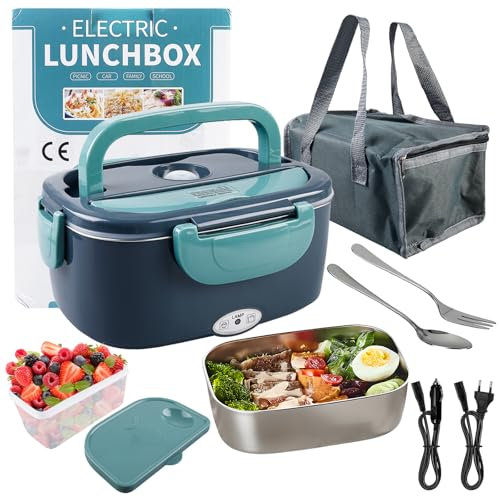 BORDEAG Scaldavivande Elettrico Portatile,1.5 L 60W Lunch Box Elettrico,Portavivande Termico Elettronico,Porta Pranzo Elettrico Per Auto,Camion,Ufficio,Con Forchetta/Cucchiaio E Borsa Termica