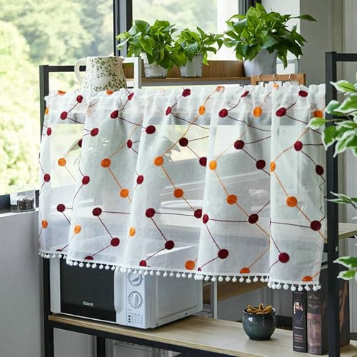 Homxi Scheibengardinen 1 Stück,1 x 150W x 60H cm,Scheibengardinen Küche Weiß Geometrisch Stickmuster Gardinen Vorhänge mit Taschen