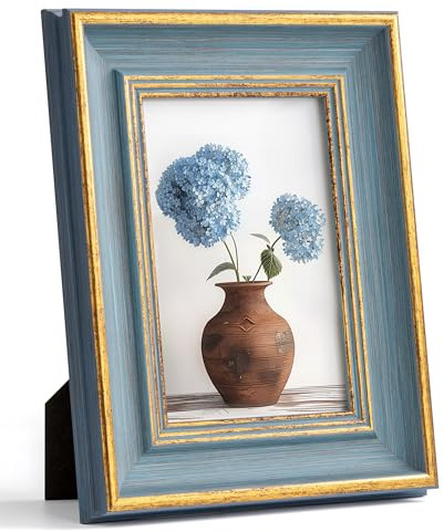 Afuly Vintage Bilderrahmen 10x15 Gold Blau Fotorahmen Picture Frames | Stabile Konstruktion, Aufhängevorrichtung, Leicht zu öffnende Rückwand, Deko für Wand Tisch, Family Geburtstag Geschenke