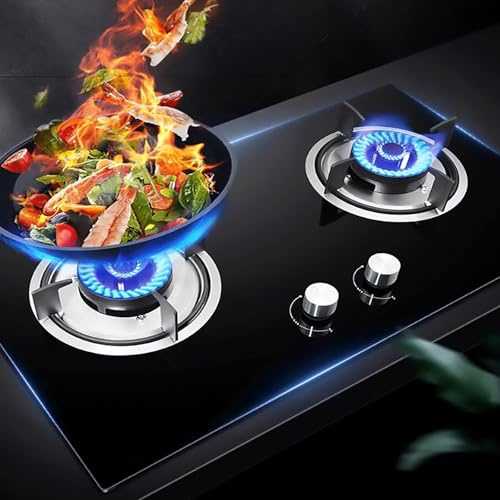 THEGA Cocina Doble Gas 5.2KW - Portátil Estufa, Cocinas a Gas sobremesa y empotradas, Cubierta Fuego Cobre Puro, Vidrio Templado, Cocina Doble Encendido rápido, Dos métodos instalación(NG)