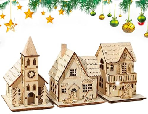 Meindin 3 Stück Weihnachtsdorf Deko Mit LED-Licht, Wichtelhaus Bausatz Wichtelhaus Mit Lichtern, Weihnachtshäuser Kamindekorationen Für Wohnzimmer, Zuhause, Schlafzimmer