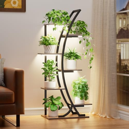 JUSTOGO Pflanzenständer mit Wachstumslichtern für den Innenbereich, 119,9 cm, Metall-Pflanzenregal für Pflanzen, mehrfach, 7 Etagen, Eck-Pflanzenregal, Pflanzenhalter, Dekoration, Blumenständer für